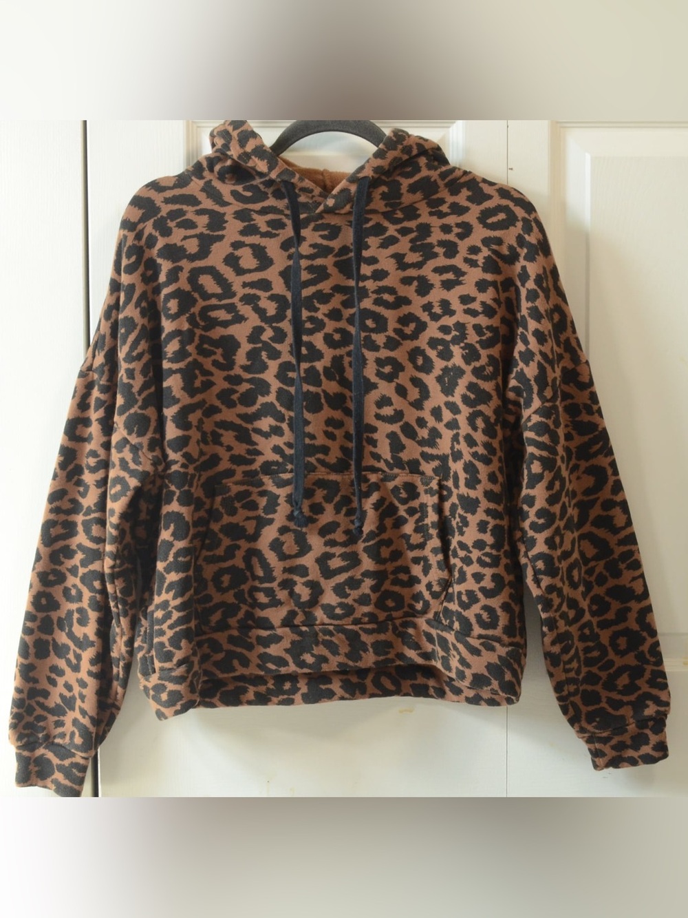 BKE Leopard Print Sherpa Fleece Hoodie Brown Black Cozy Y2K Lounge Medium